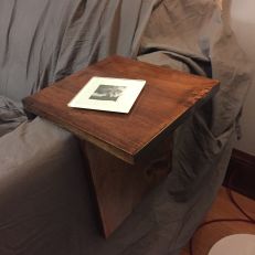 I made two new little end table for the couch arms. I wish I'd chosen a harder wood, but all in all, I'm happy with how they came out.